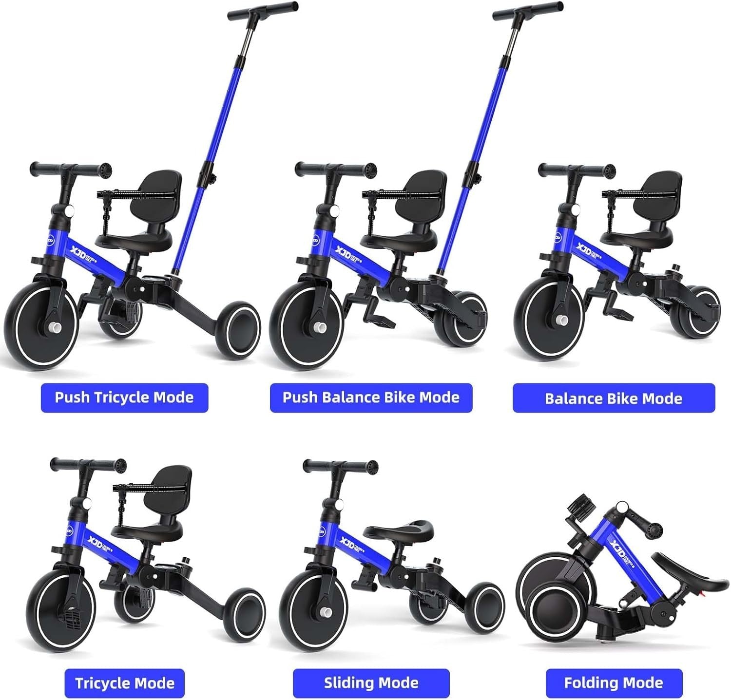 6 in 1 Foldable Kids Tricycle Toddler Push Trike Balance Bike 1-4 Years Blue