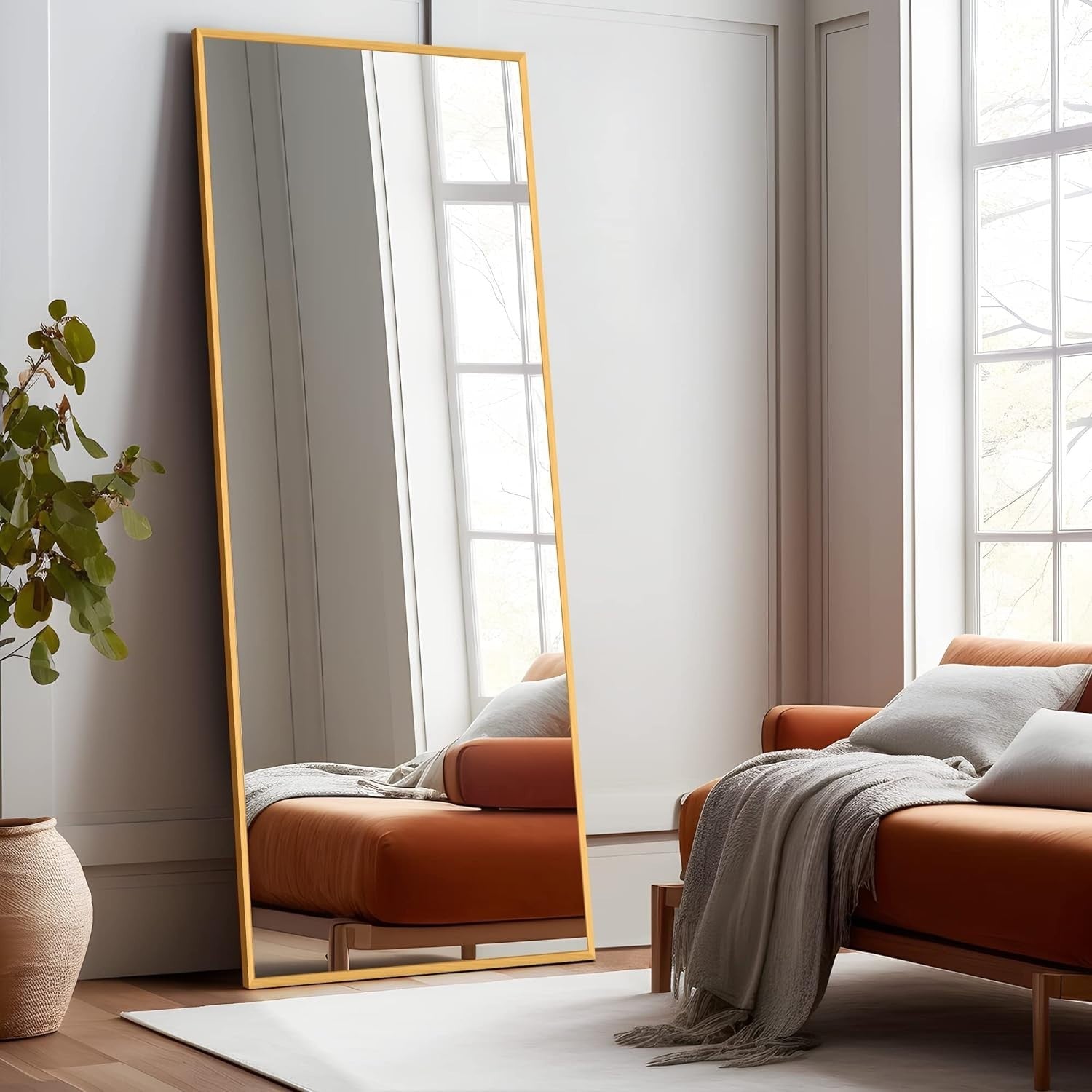 Full Length Mirror Floor Standing Wall Mount 59"x16" Gold Frame Modern