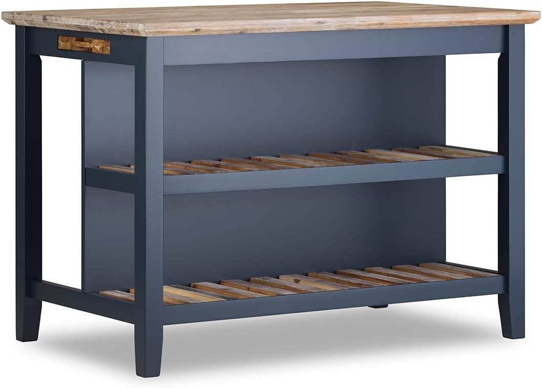 Breakfast Bar with Acacia Wood Top Storage Shelves Kitchen Island Navy Blue