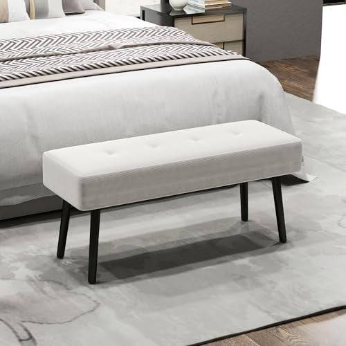Cream End of Bed Bench with Tufted Corduroy Seat & Steel Legs – Modern