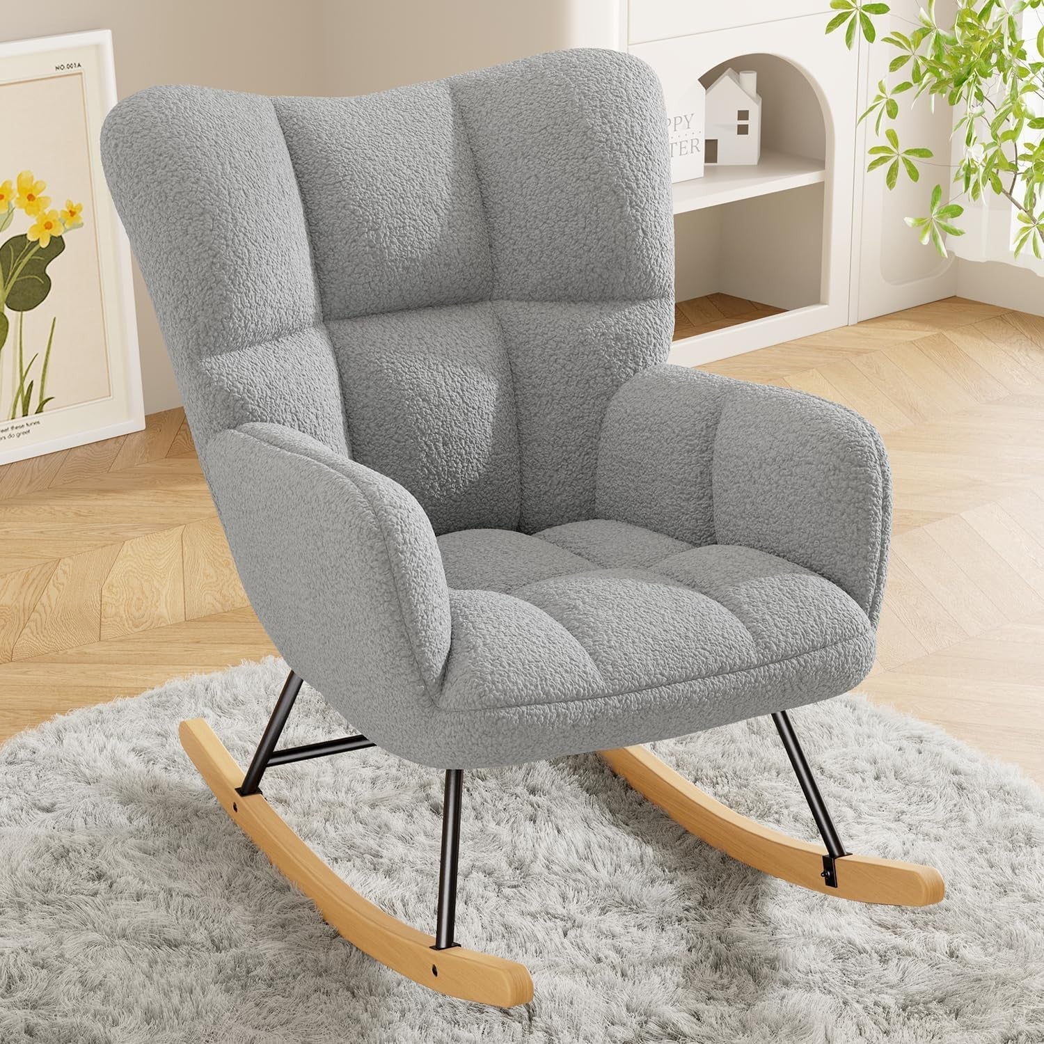 Lambswool Rocking Chair Grey Armchair High Back Comfy Nursery Lounge Seat