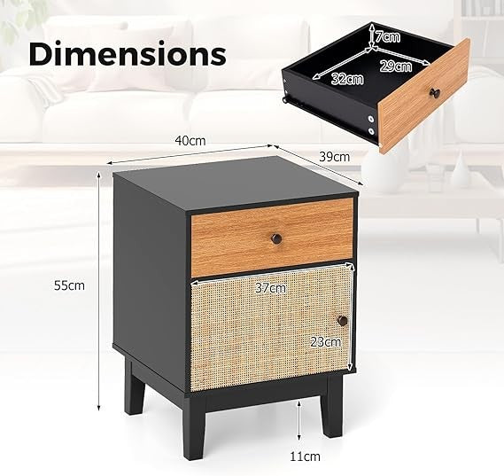 Boho Rattan Bedside Table with Drawer & Door, Modern Storage Nightstand