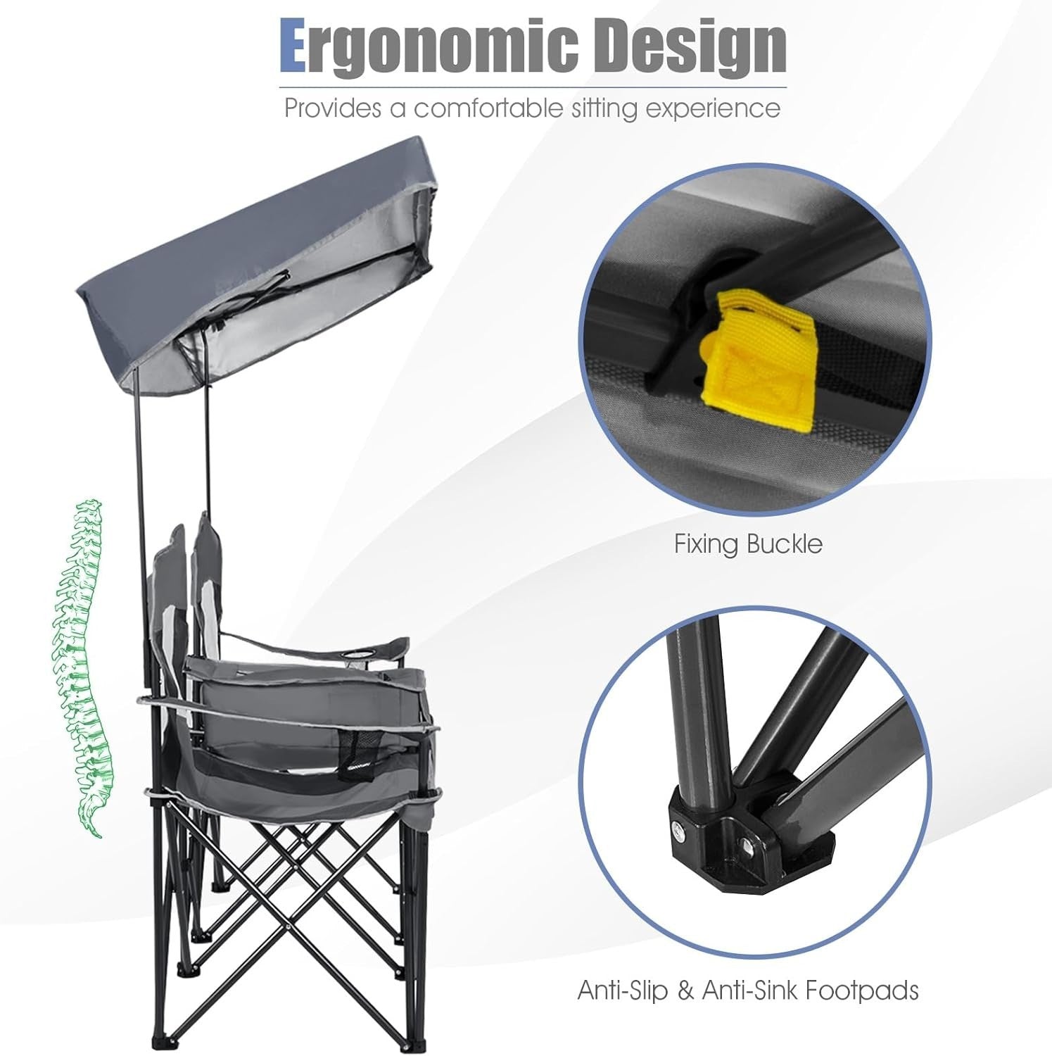 Grey 2 Seat Folding Camping Chair w/ Canopy, Cooler Bag, Cup Holders, Case