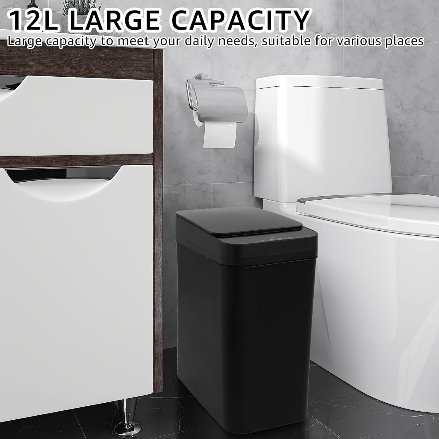 12L Smart Touchless Bathroom Kitchen Bin Motion Sensor Lid Black