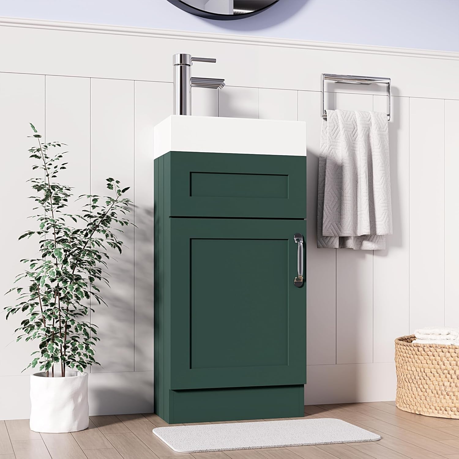 Green Vanity Unit with Basin Trap & Waste – 40cm Compact Under Sink Bathroom