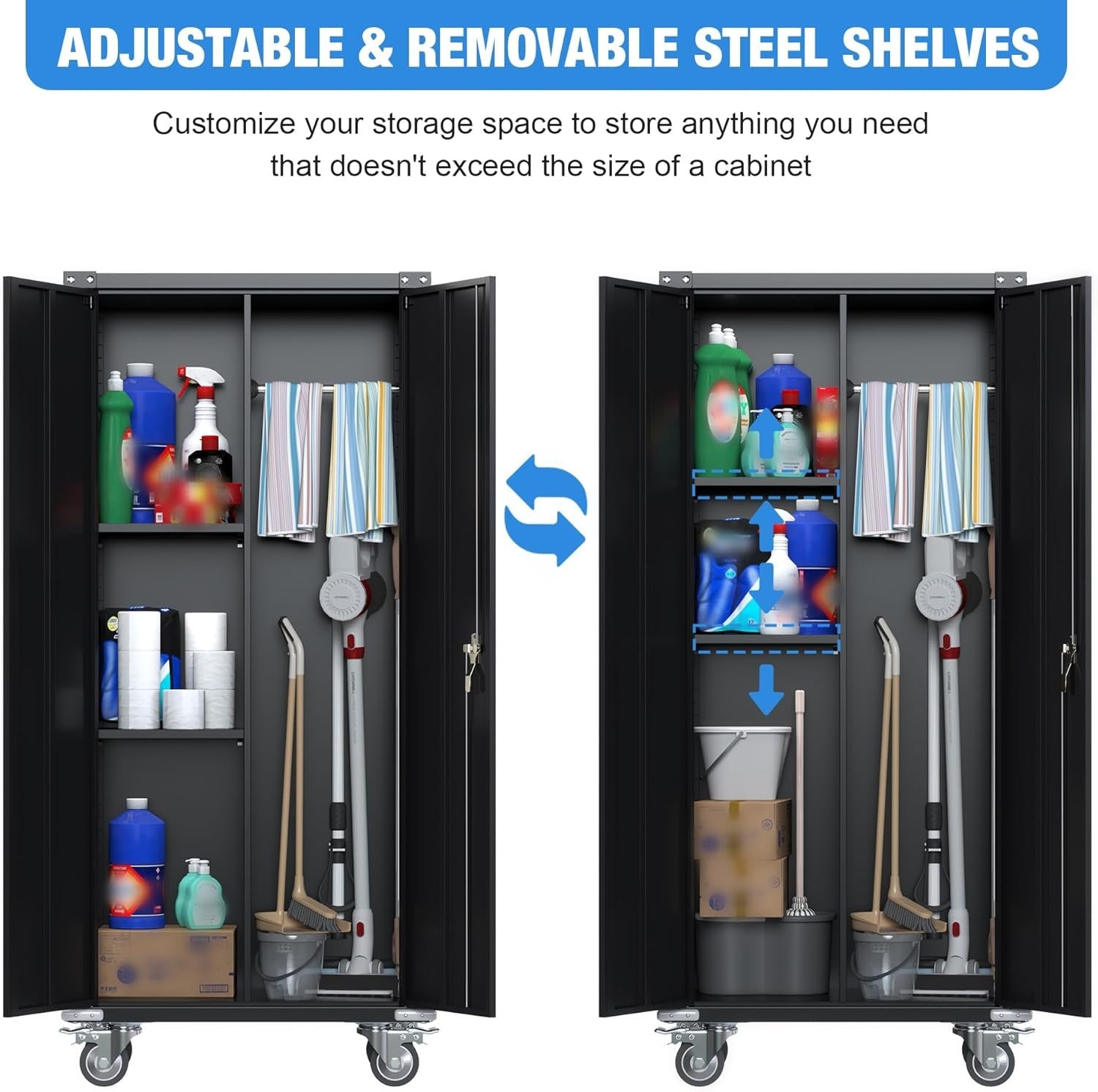 Tall Metal Storage Cabinet with Wheels Shelves Lockable Doors Broom Closet