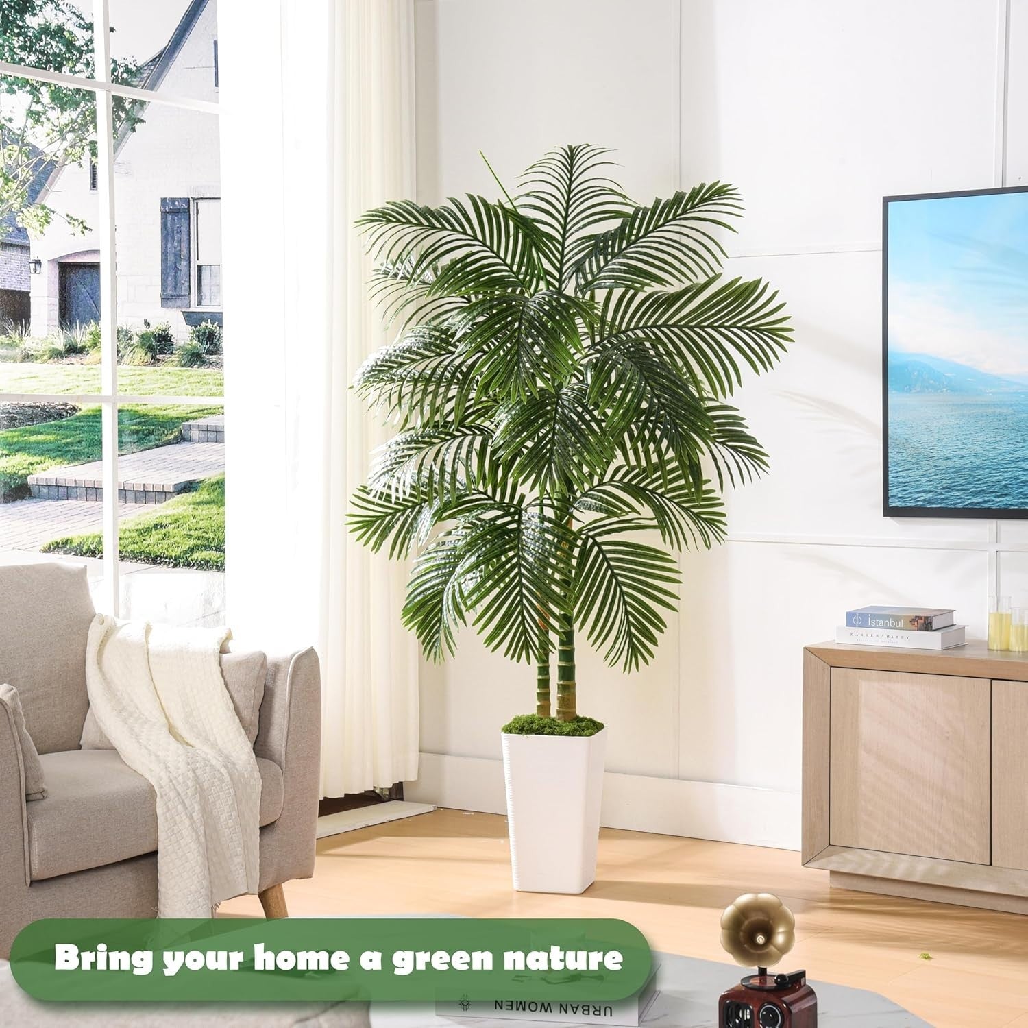 5ft Tall Artificial Tropical Palm Tree in White Planter Indoor Outdoor Decor
