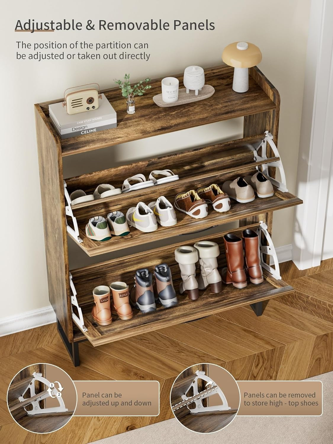 Slim Wooden Shoe Cabinet 2 Drawer Fold Storage Rack – Vintage Style Hallway