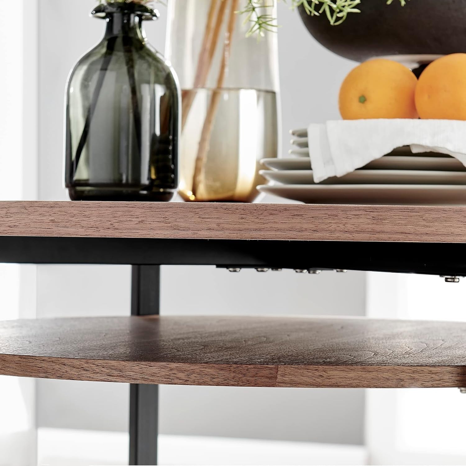 Round Dining Table Wood Veneer Black Metal Legs Modern Storage Shelf