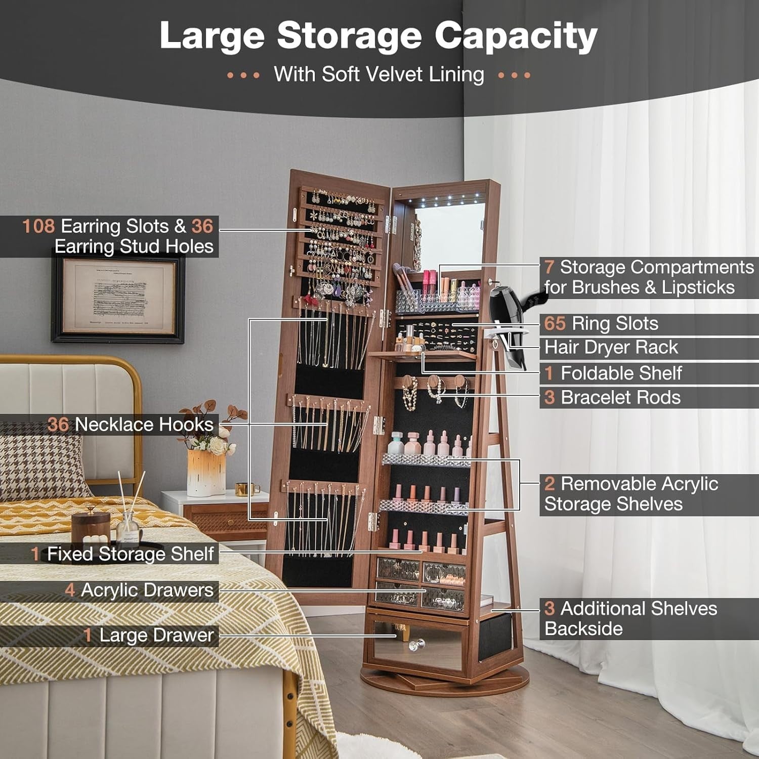 Walnut 360° Swivel LED Jewelry Cabinet Mirror Lockable Storage Organizer