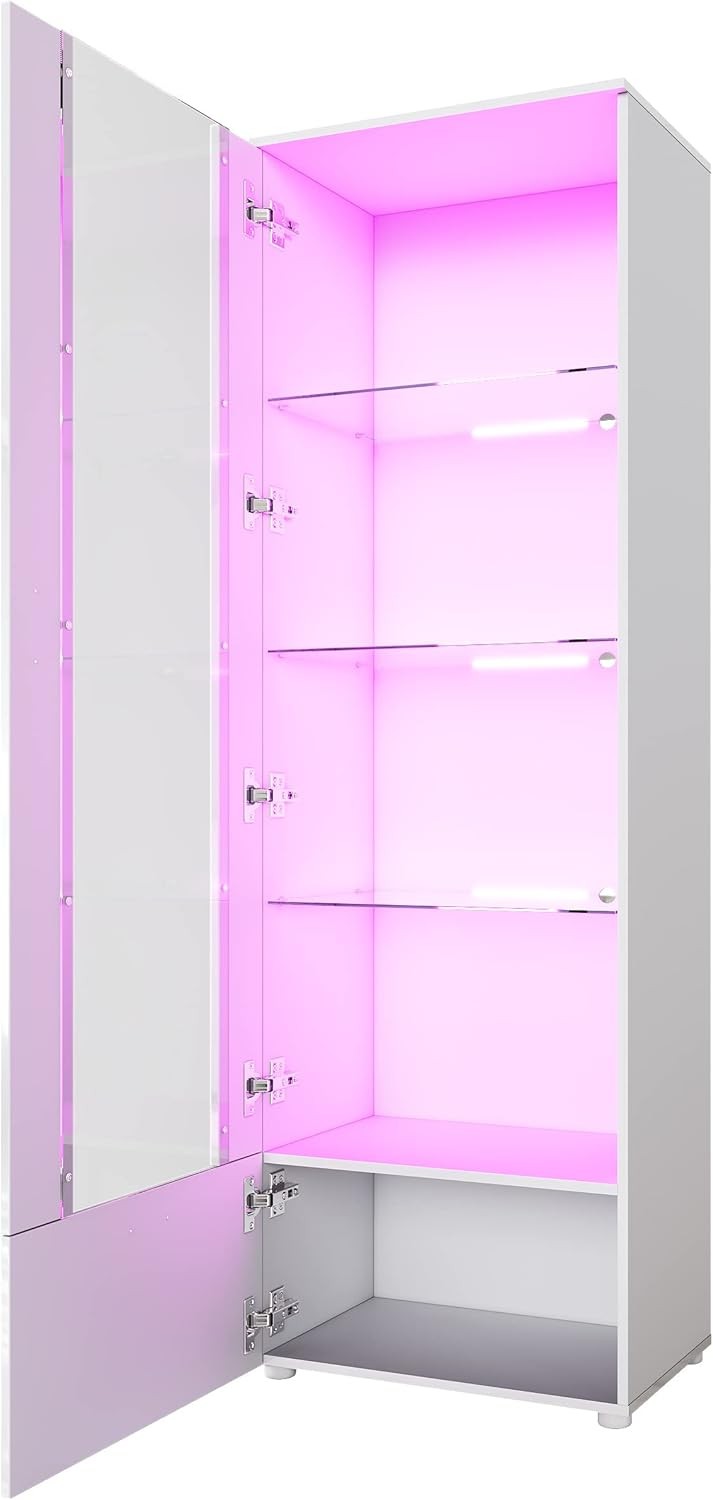 Tall LED Display Cabinet with Glass Shelves, High Gloss Storage Unit White