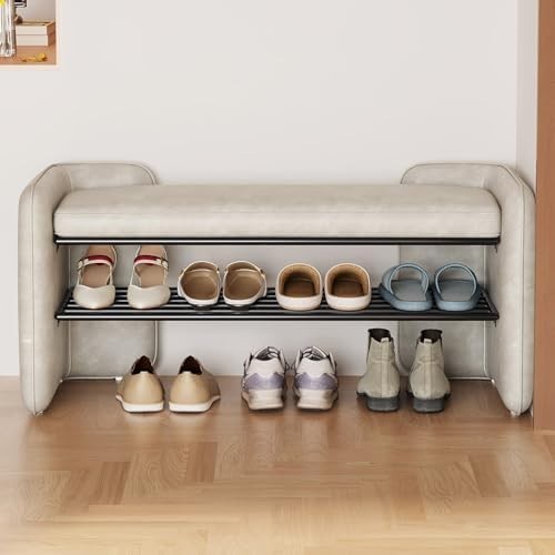 Beige Grey Shoe Storage Bench with Cushion & Open Rack – Modern Hallway Seat