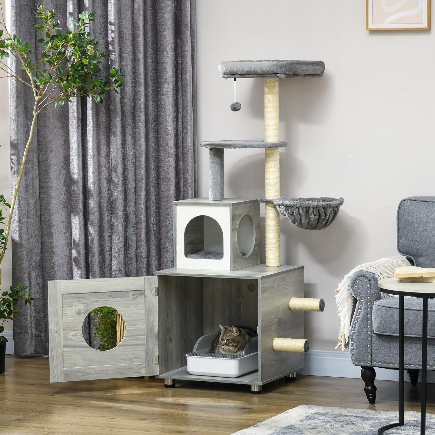 Cat Litter Box Enclosure with Cat Tree Scratching Posts Platform Condo