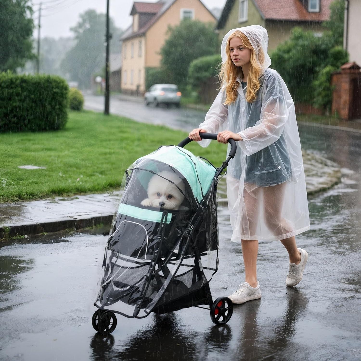 Green 3 Wheel Dog Pushchair Foldable Pet Pram with Rain Cover