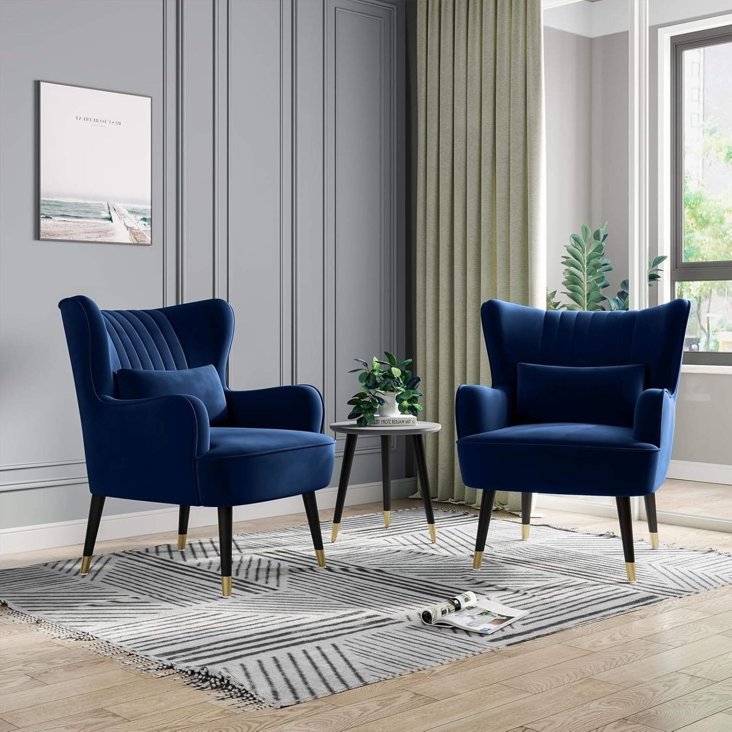 Velvet Blue Wingback Armchair with Lumbar Pillow | Stylish, Comfy Lounge Seat