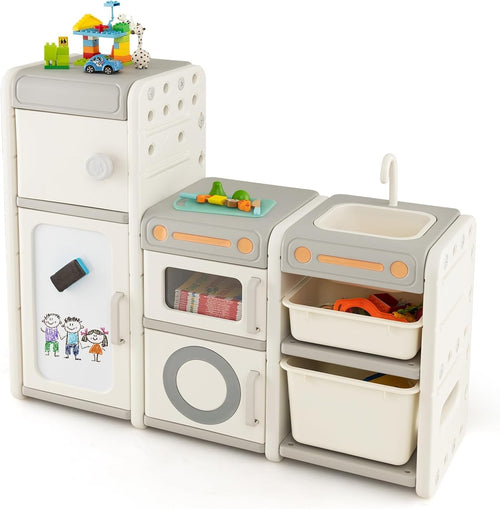 Kids Toy Storage Unit with Cabinets & Whiteboard Play Kitchen Shelf 116cm