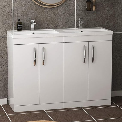 1200mm Gloss White Double Basin Vanity Unit – 4 Door Bathroom Sink Cabinet