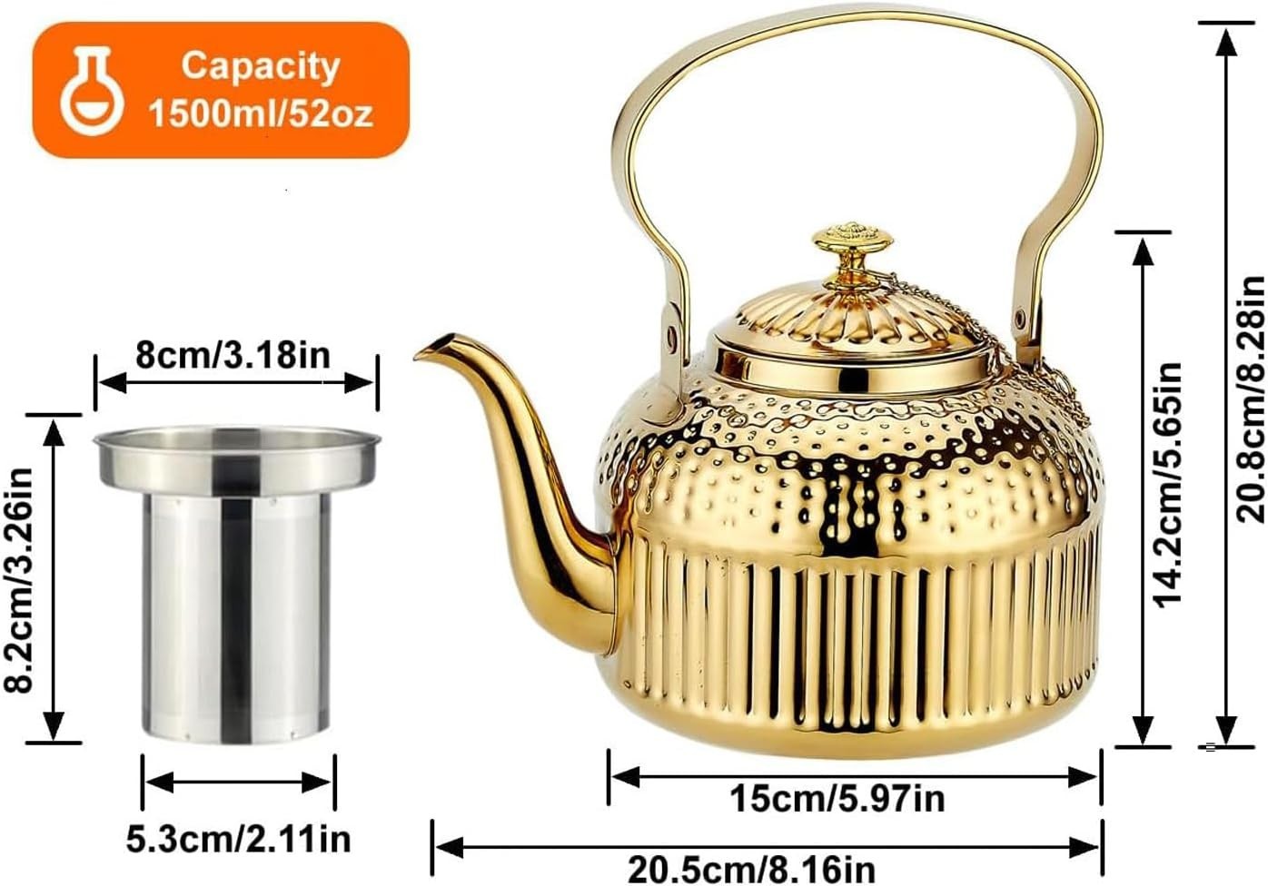 Gold Stainless Steel Teapot 1.5L Infuser Loose Leaf Tea Pot 8 Cups