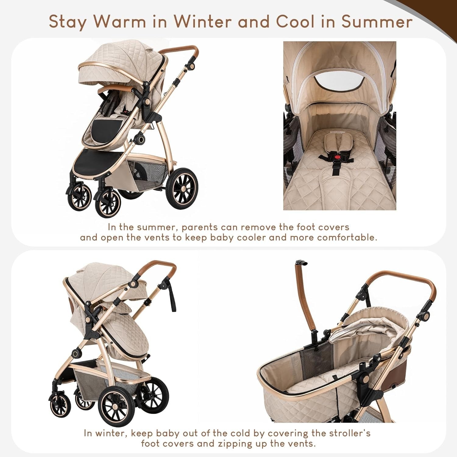 3 in 1 Baby Stroller Pram Pushchair Car Seat Adjustable Handle Beige