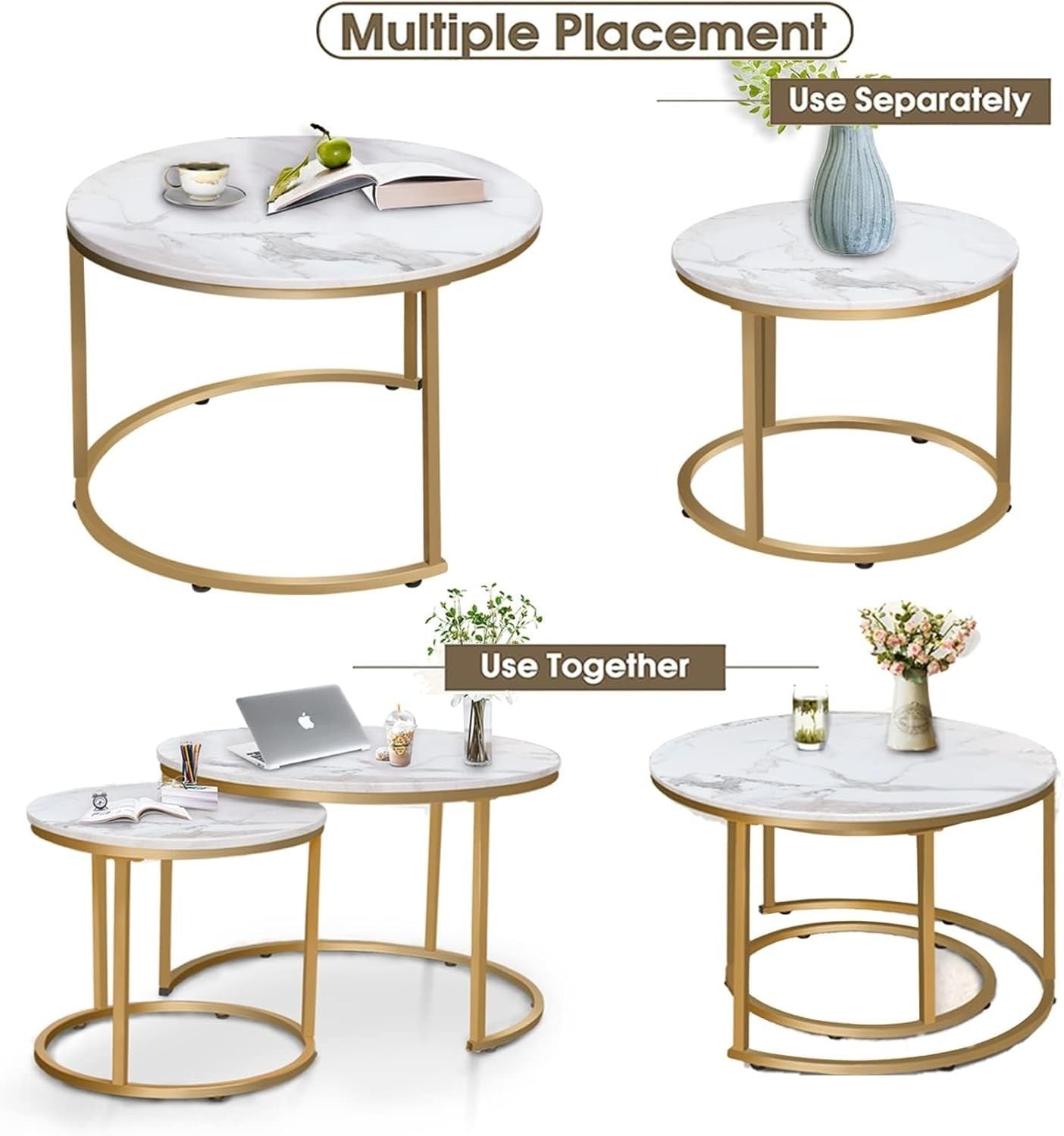 Nesting Coffee Tables Set 2 Round Marble Gold Metal Living Room Side End Table