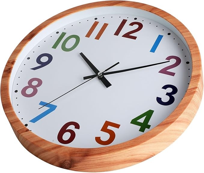 Large Colour Number Wall Clock Wood Grain Silent Non-Ticking Modern Home Decor