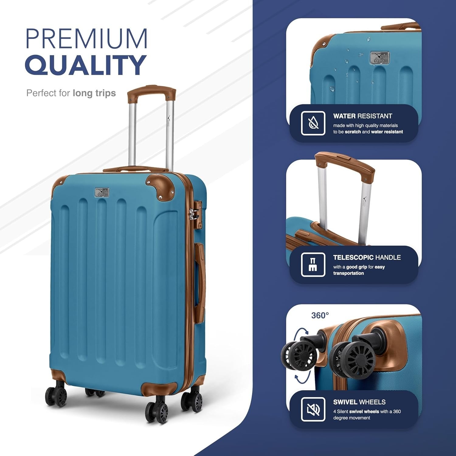 28” Large ABS Hard Shell Checked Luggage 4 Wheel TSA Lock Blue Brown