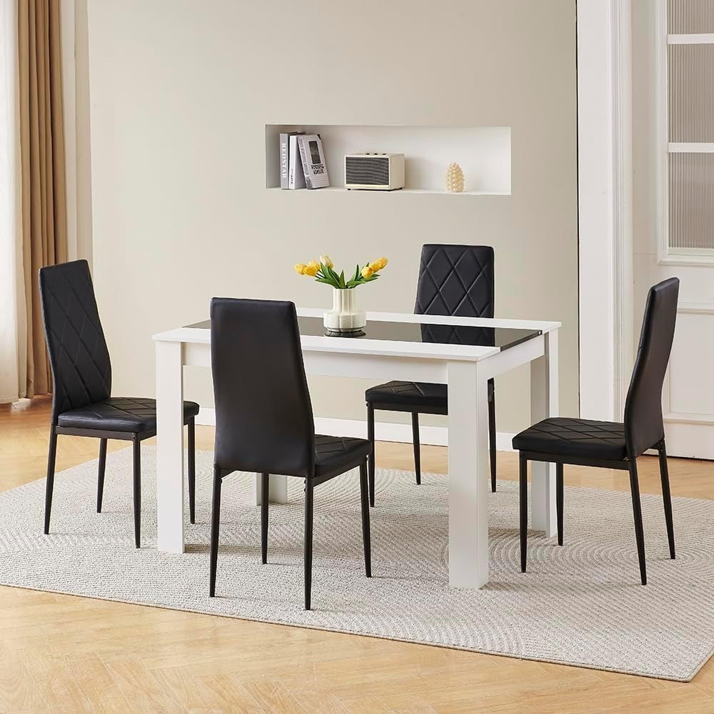 White 4-Seater Dining Table Set with Black Leather Chairs | Space-Saving