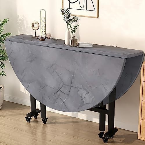 Round Folding Kitchen Table 100cm Gray Drop Leaf 6 Wheels Space-Saving