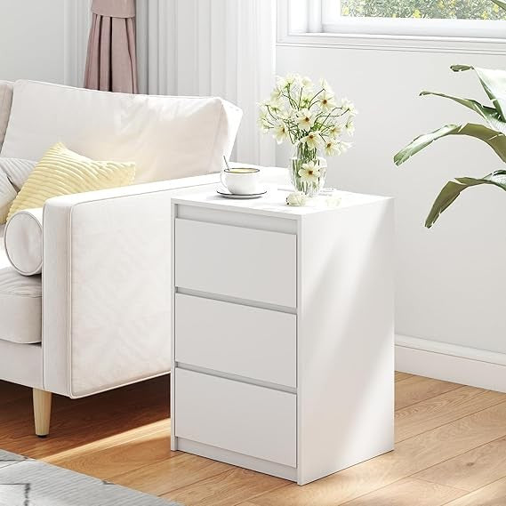 White Bedside Table with 3 Drawers & Charging Ports, Modern Wooden Nightstand