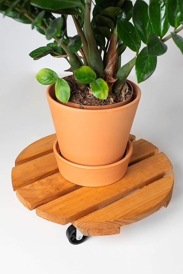 38cm Wooden Plant Pot Caddy Round Rolling Stand Indoor Outdoor Plant Trolley