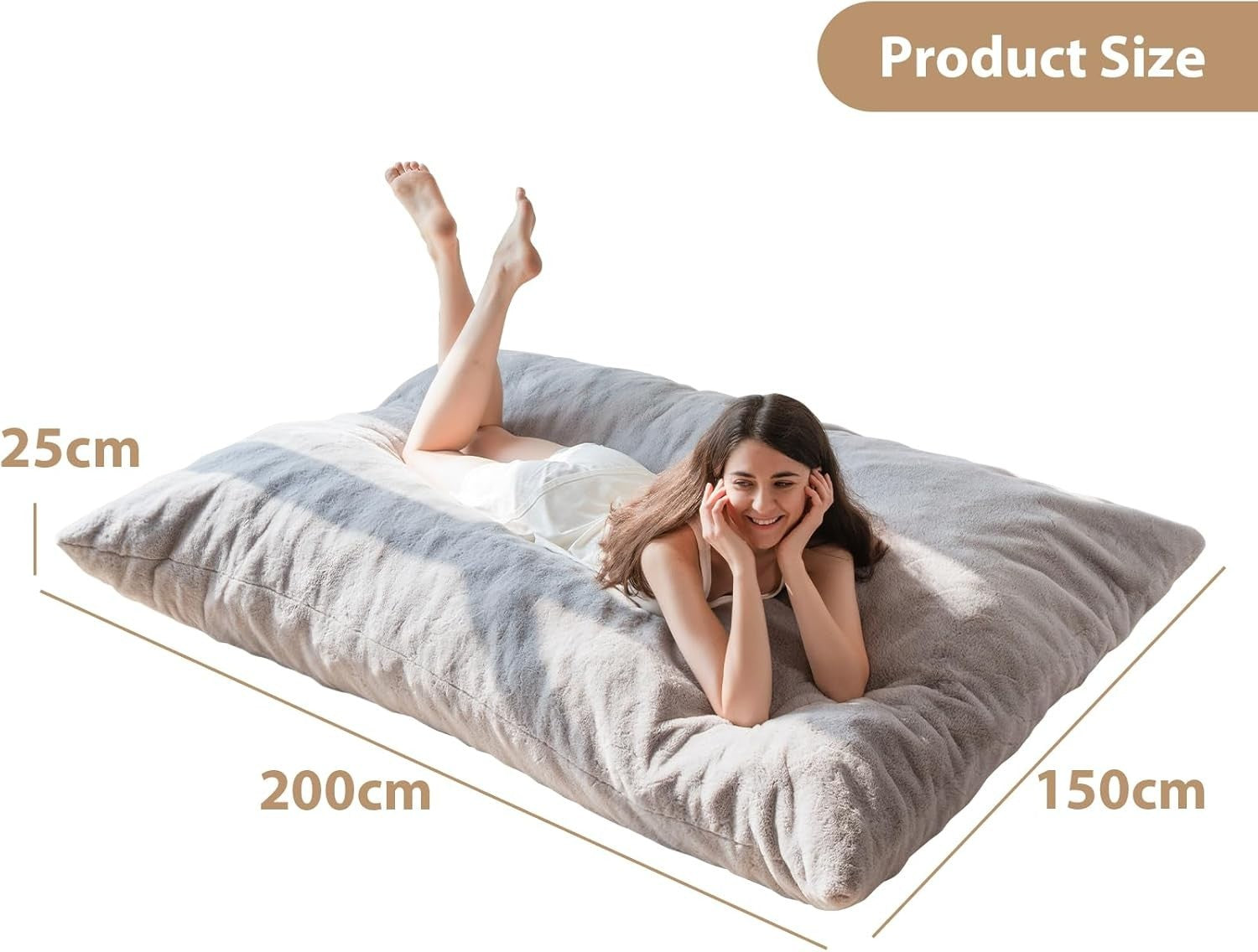 150x200cm Grey Bean Bag Bed Chair | Plush Foldable Floor Sofa Guest Use