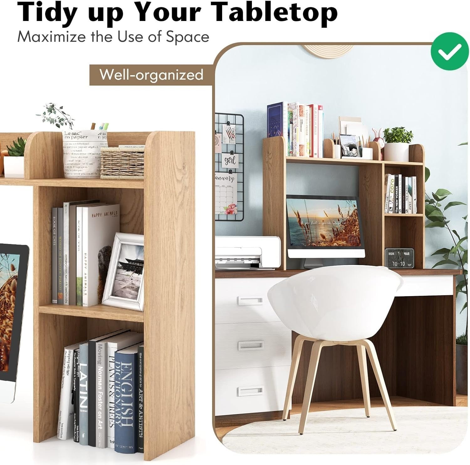 Natural Wood 4-Tier Desktop Bookshelf 94cm Desk Hutch Organiser