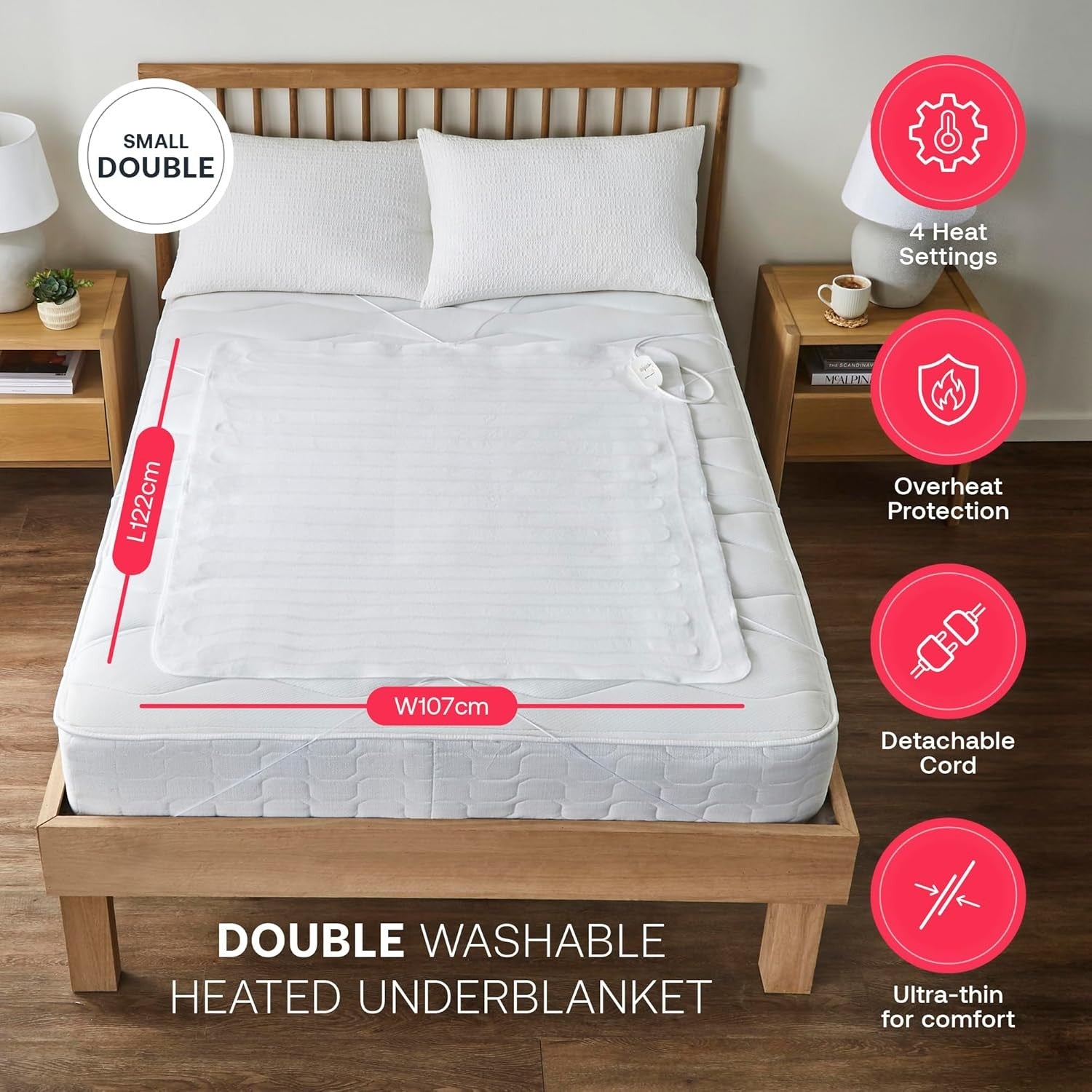 Double Electric Heated Underblanket Extra Foot Warmth 4 Heat Settings Washable