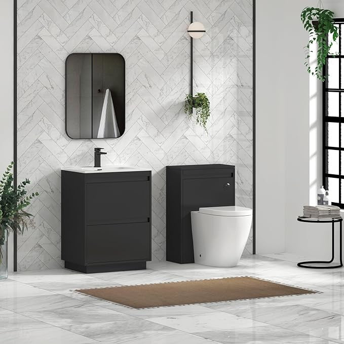 600mm Jet Black Floor Standing Vanity Unit with Basin Sink 2 Drawer Cabinet