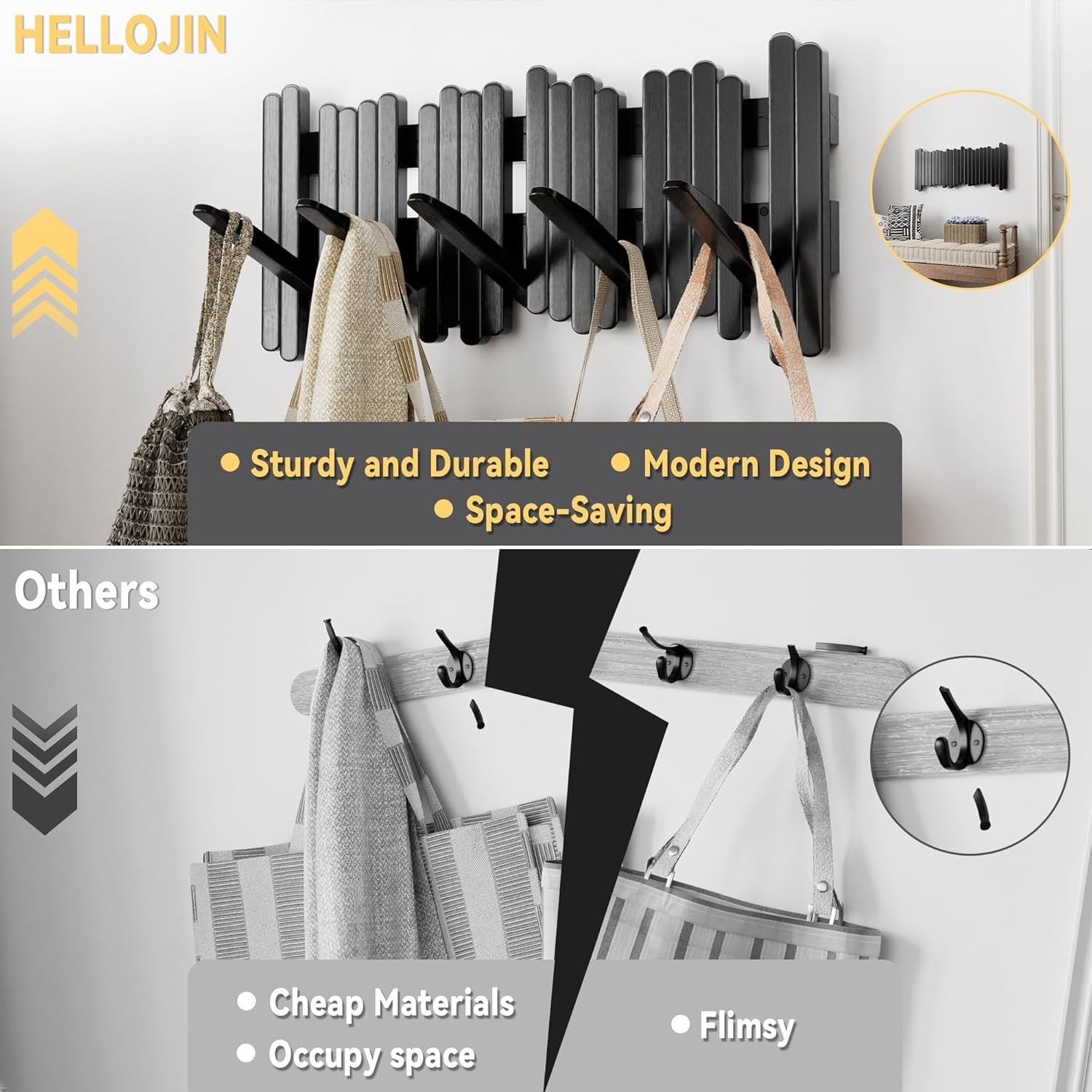 Black Wooden Wall Coat Rack 5 Flip Hooks Space Saving Modern Hallway Organizer