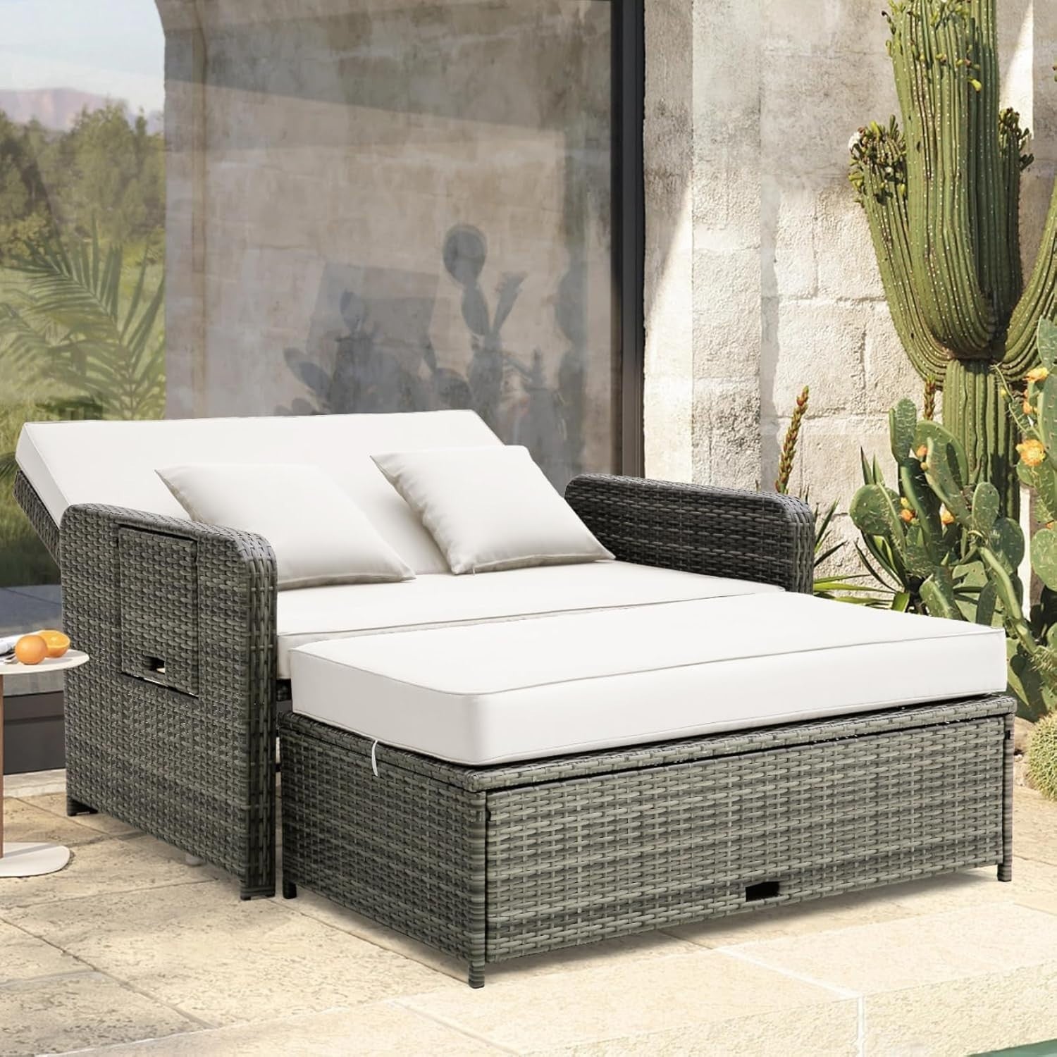 White+Grey 2-Seater Rattan Daybed Outdoor with Adjustable Back & Ottoman