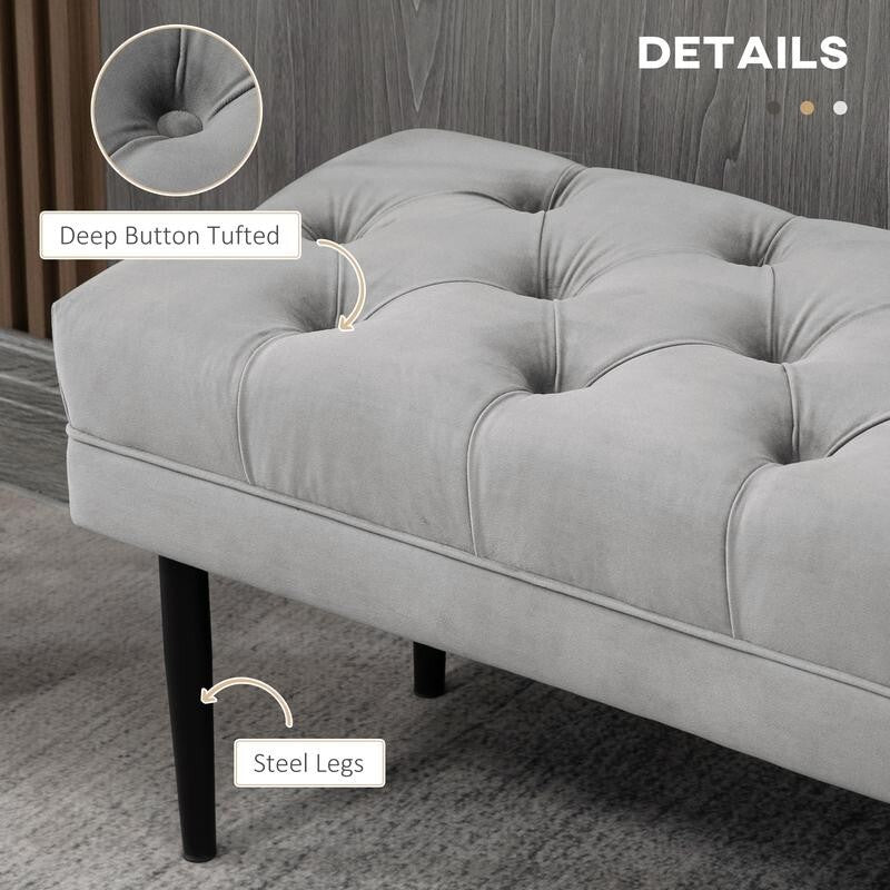 Grey Velvet End of Bed Bench Upholstered Button Tufted Hallway Seat 110cm