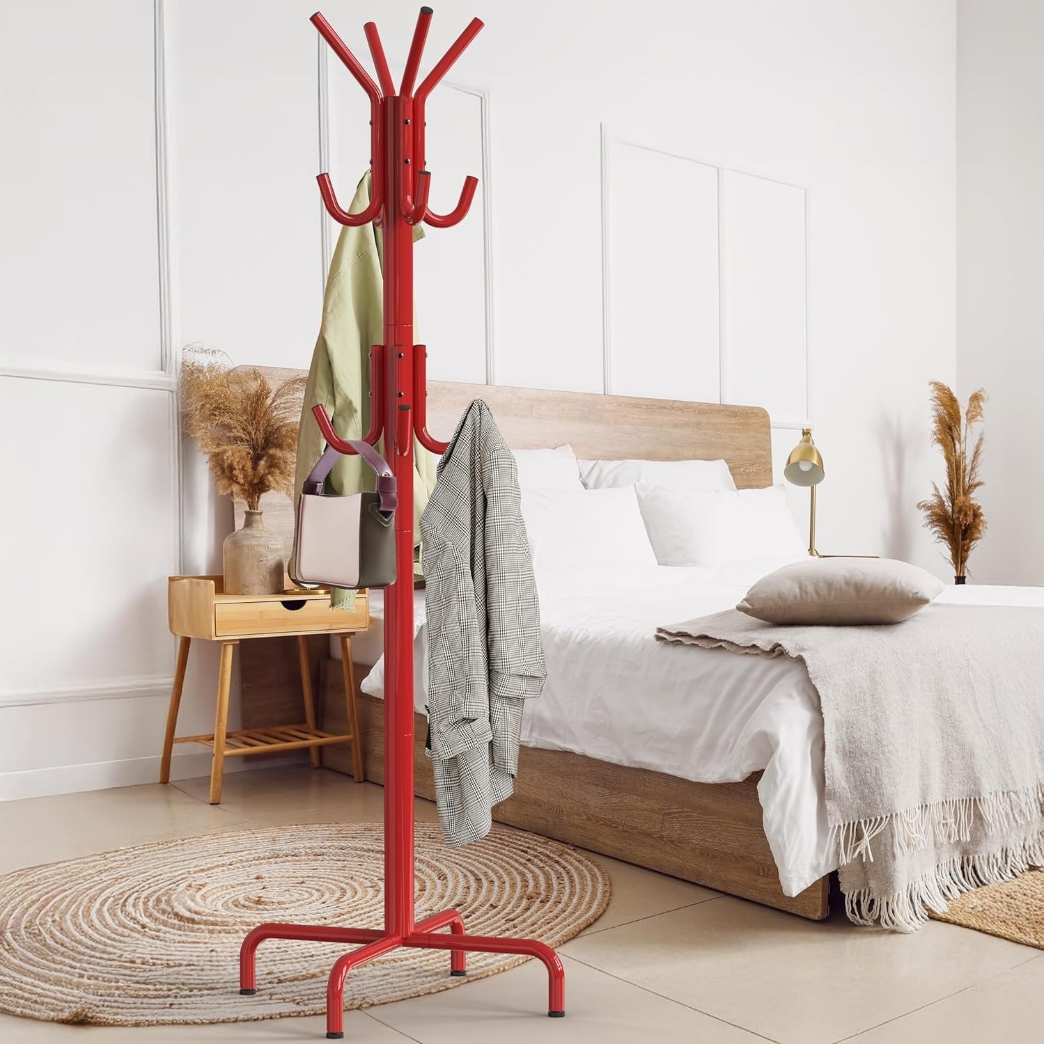 Standing Coat Rack with 12 Hooks | Red Metal Hat & Scarf Organizer Stand