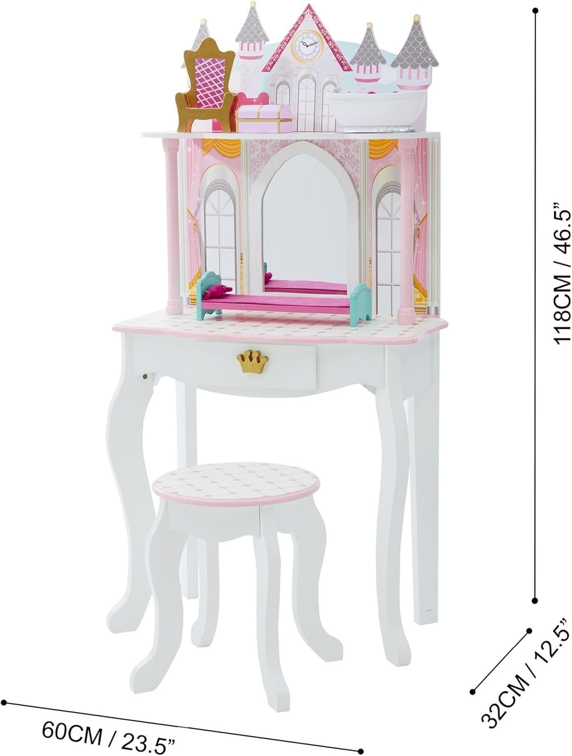 Kids Vanity Table Set w/ Mirror & Stool | Doll Play Area + Storage