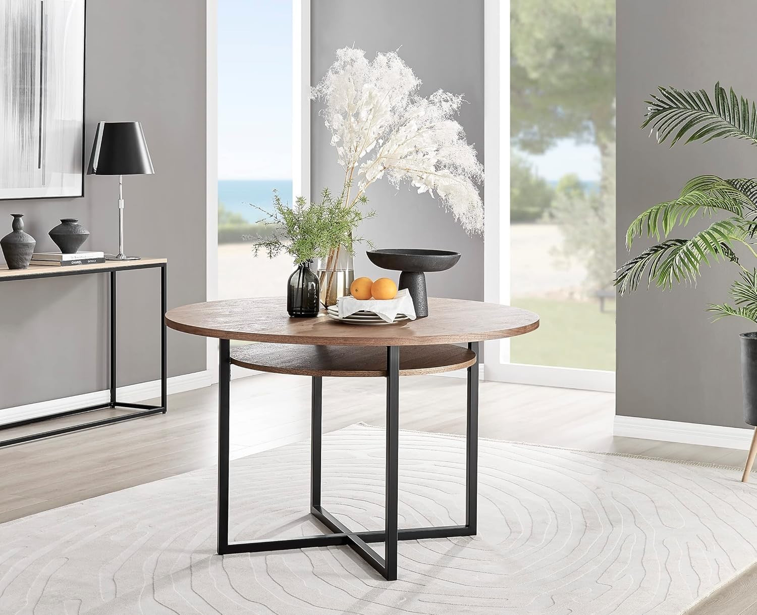 Round Dining Table Wood Veneer Black Metal Legs Modern Storage Shelf