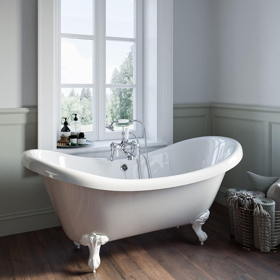 1750x740mm Double Ended Freestanding Roll Top Bath White Acrylic Pink Feet