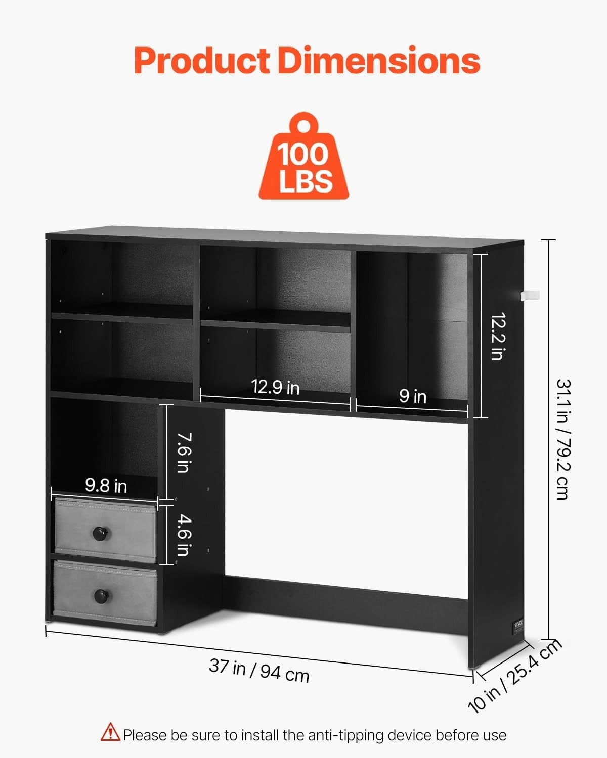 Black 3-Tier Desktop Bookshelf 94cm Desk Hutch Organizer w/ Fabric Drawers