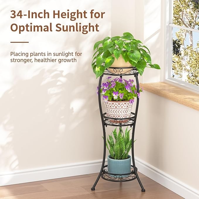 3 Tier Iron Plant Stand Black Flower Pot Display Tower for Patio Balcony
