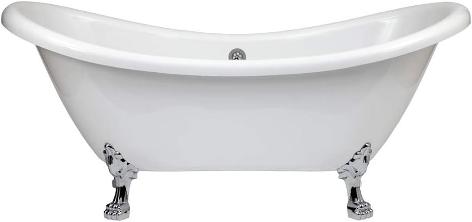1750x730mm Freestanding Double Ended Slipper Bath White Acrylic w/ Chrome Claw