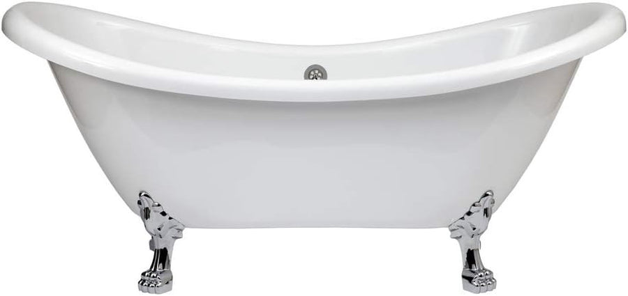 1750x730mm Freestanding Double Ended Slipper Bath White Acrylic w/ Chrome Claw
