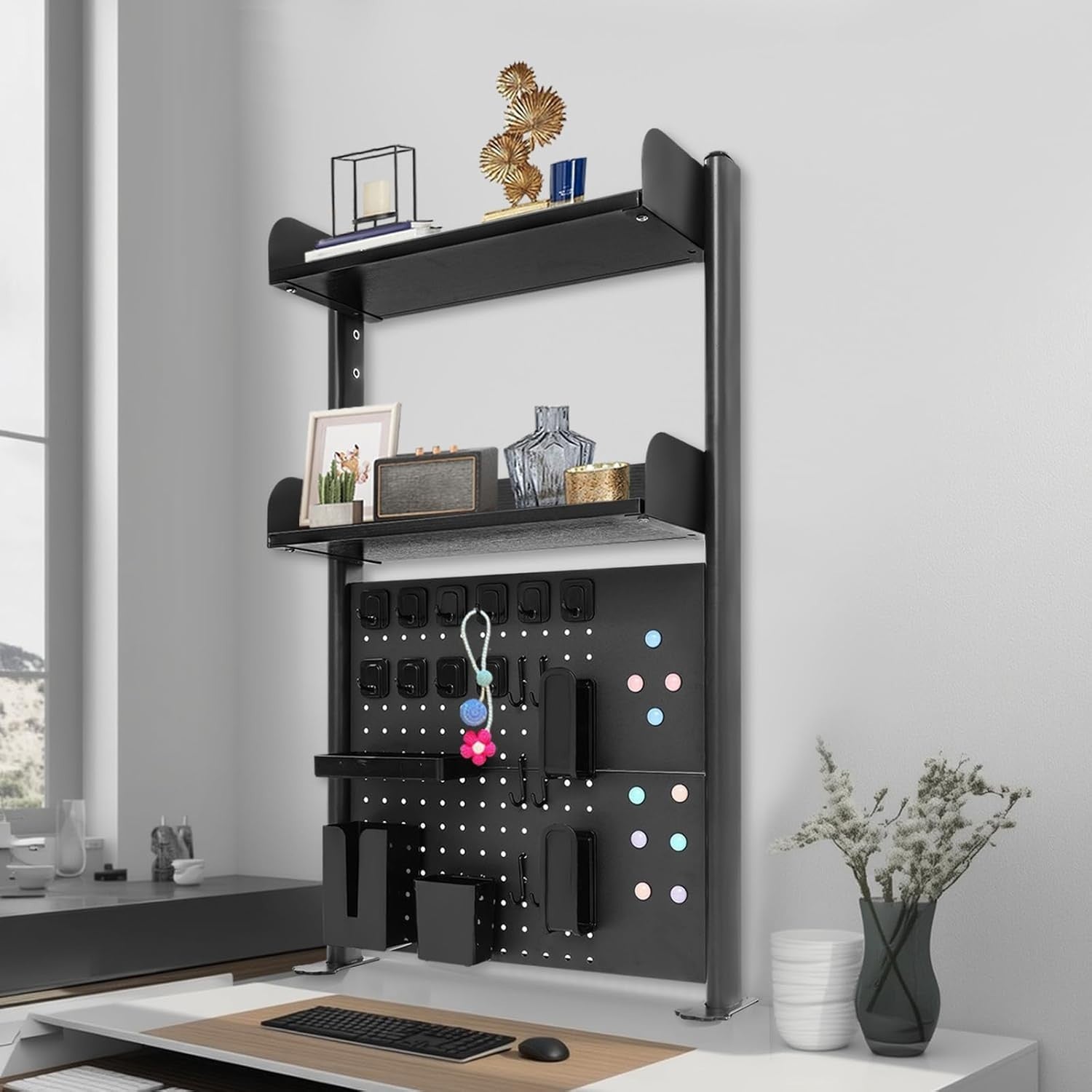 Clamp-On Desk Pegboard 60cm 2-Tier Desktop Organizer Shelf Privacy Panel Black