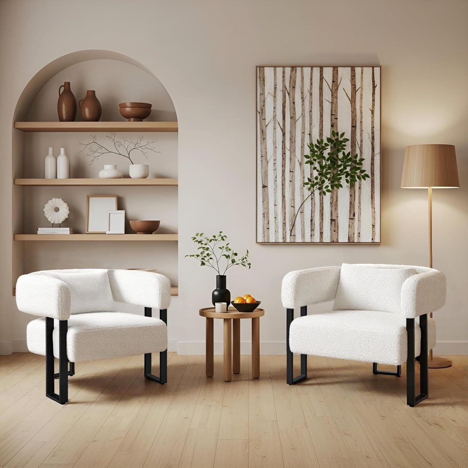 Boucle Tub Accent Chairs Set of 2 White Upholstered Armchairs