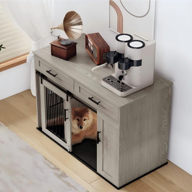 Large Indoor Wooden Dog Crate with Dual Sliding Doors, Storage & Lock