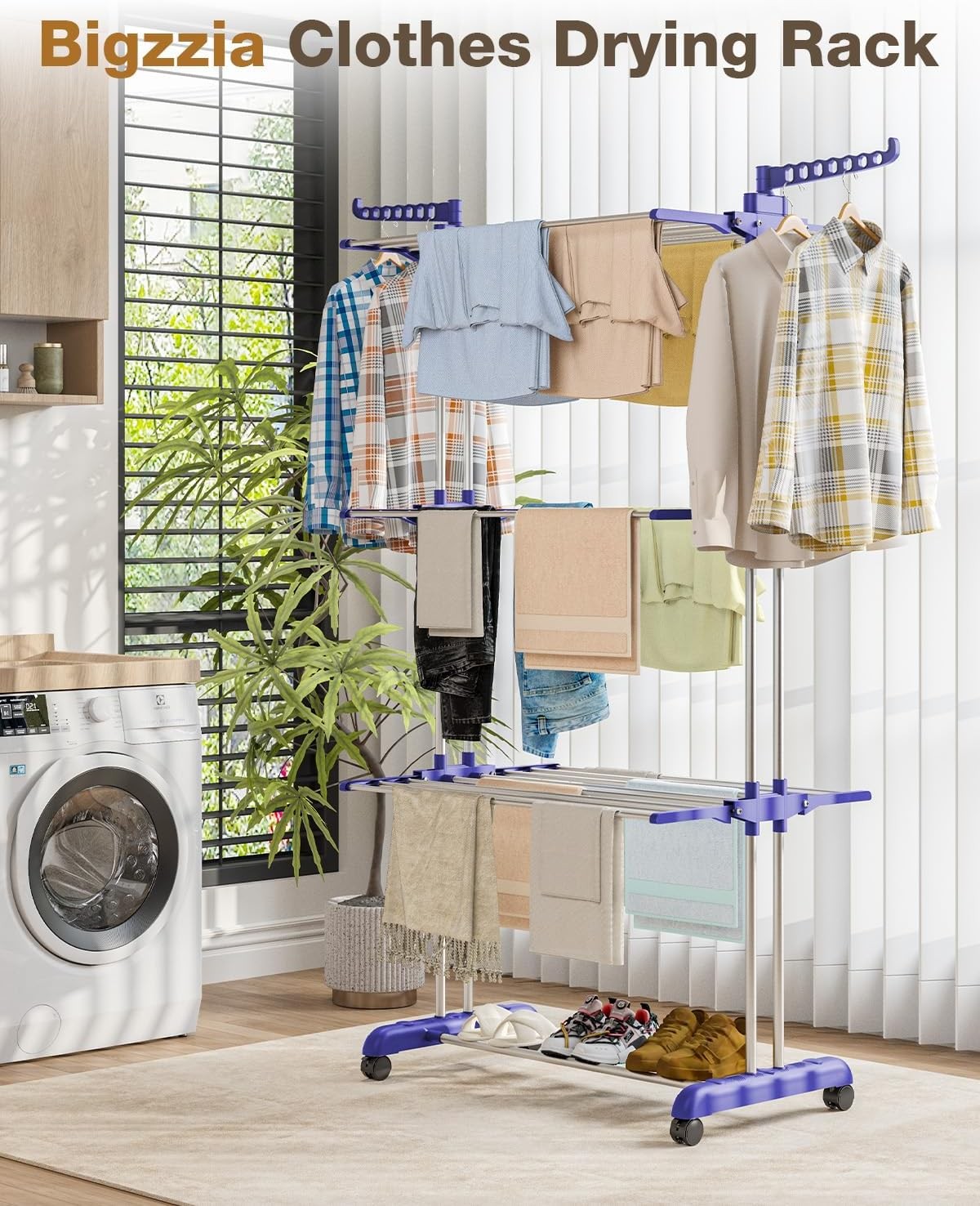 4 Tier Clothes Airer Folding Laundry Drying Rack With Wheels Stainless Steel