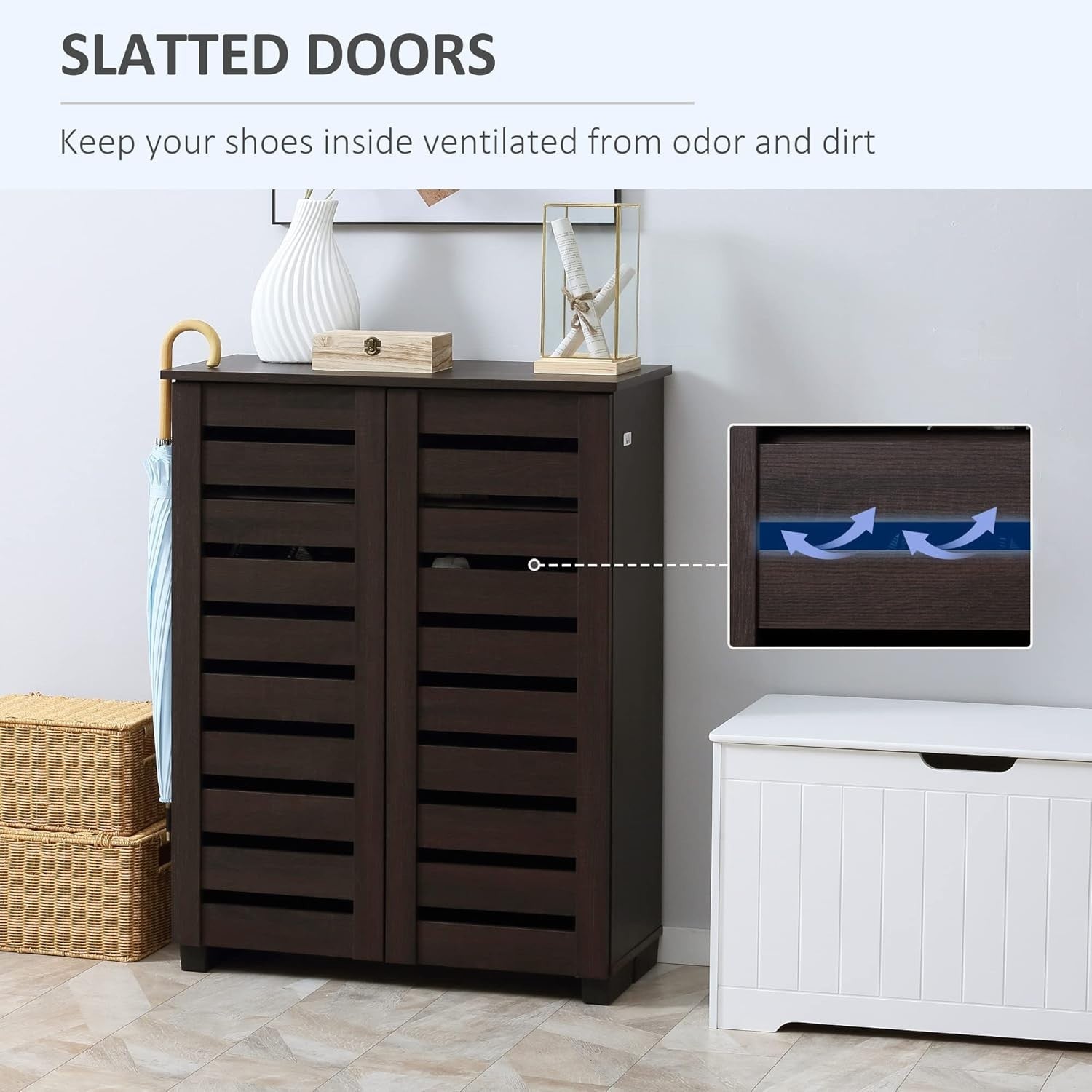Slim 5-Tier Shoe Cabinet with Adjustable Shelves & Ventilated Doors, Dark Brown